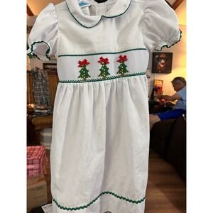 Krewe Kids Girls White Smocked Christmas Tree Dress Green Ric Rac Trim Size 4T